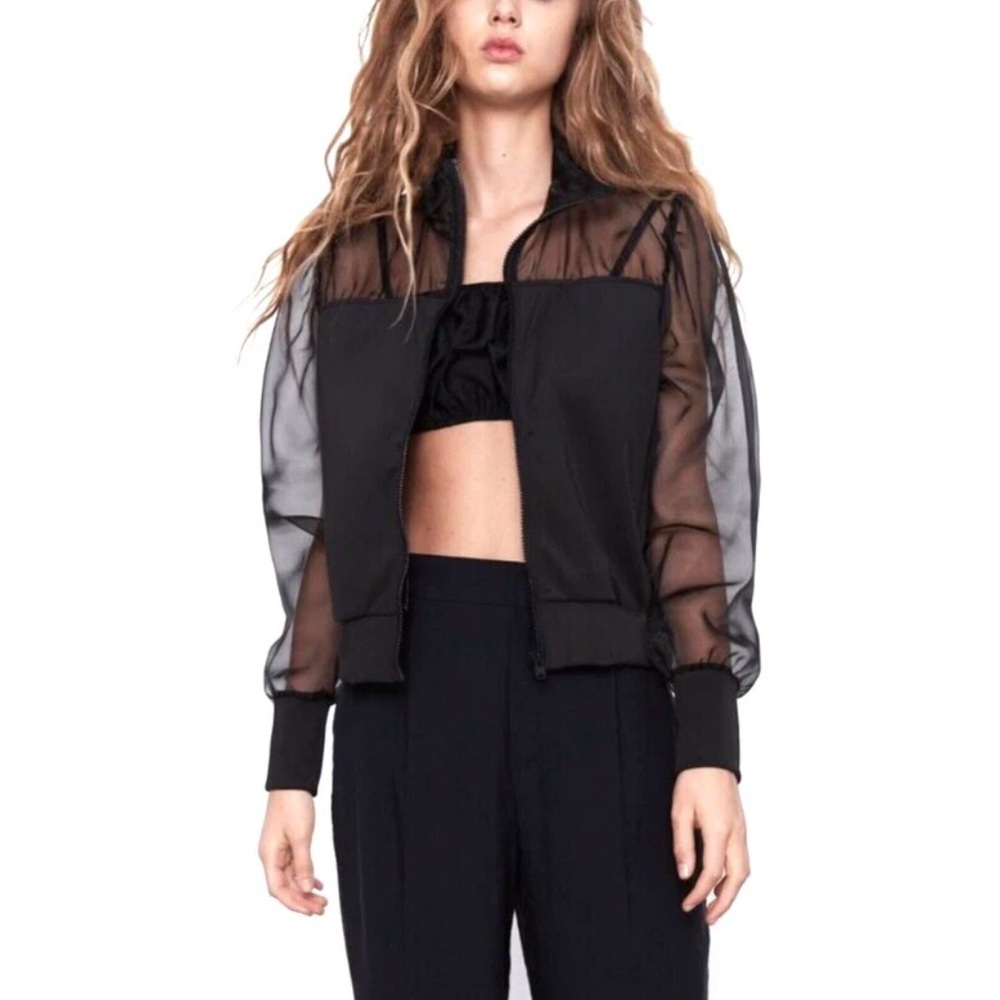 Zara Sheer Sleeve Tulle & Neoprene Bomber Jacket Black Rare Lightweight Sz S - Picture 2 of 10